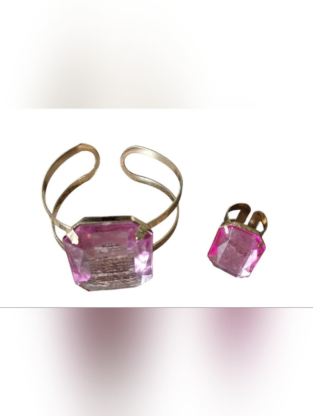 Gold-Tone Pink Gem Cuff Bracelet and Ring Set